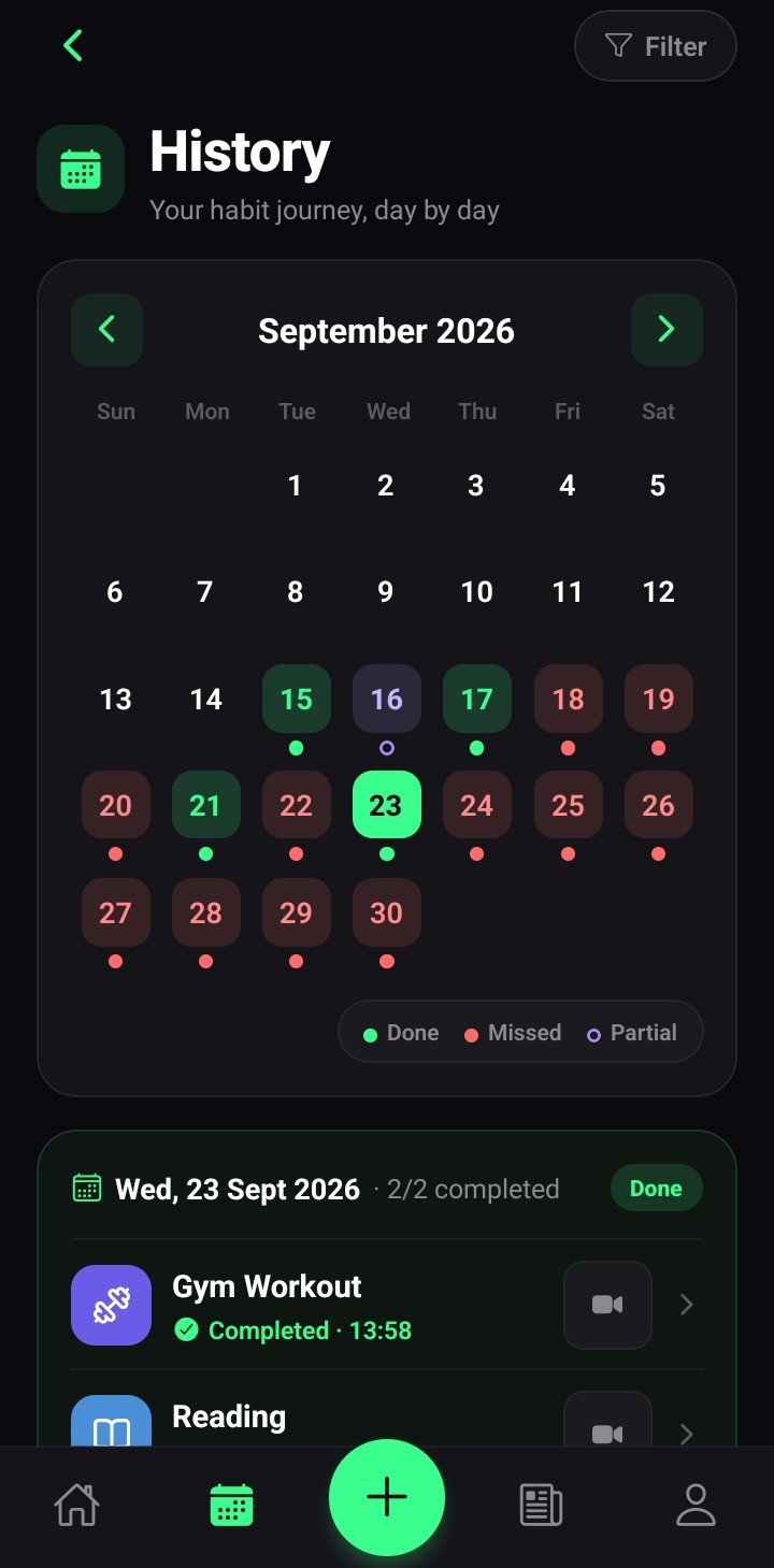 History calendar of verified and missed days
