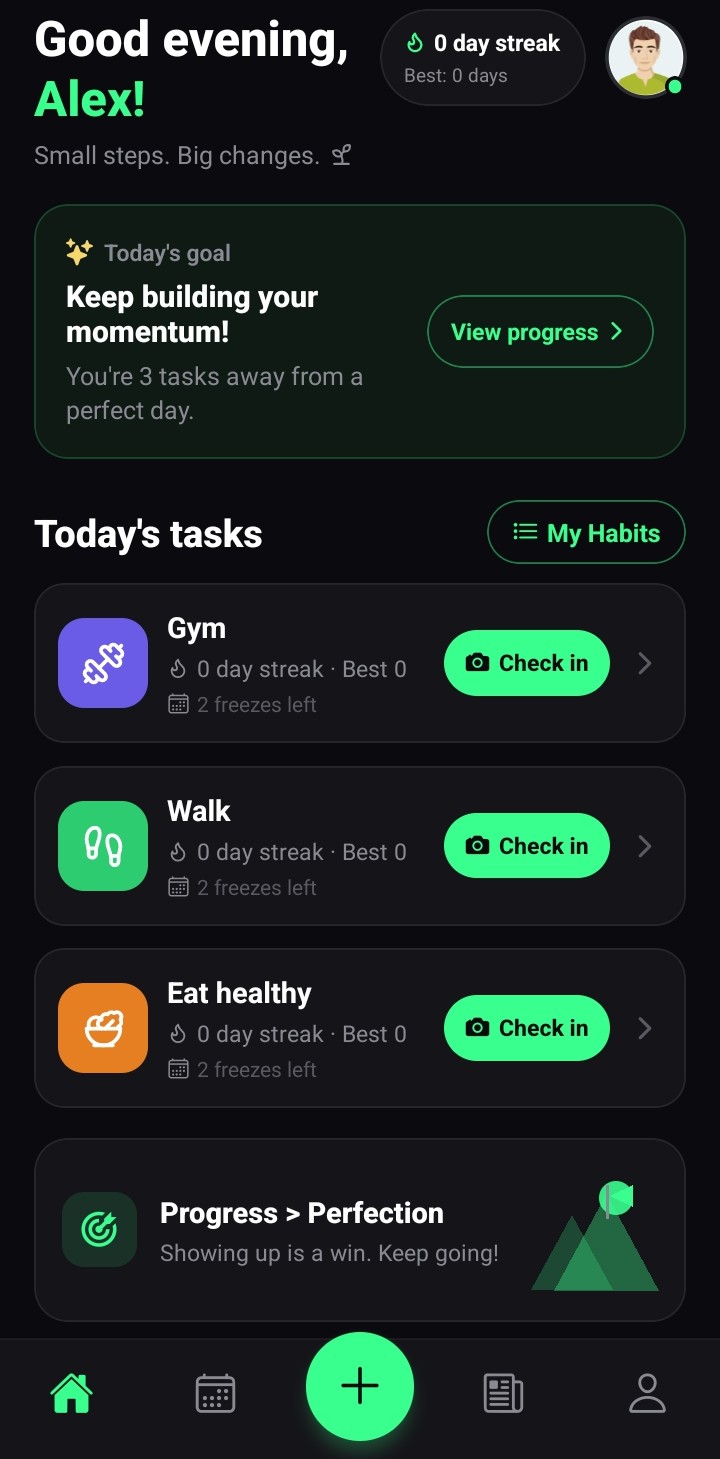 Stoke Today screen with habits ready to check in