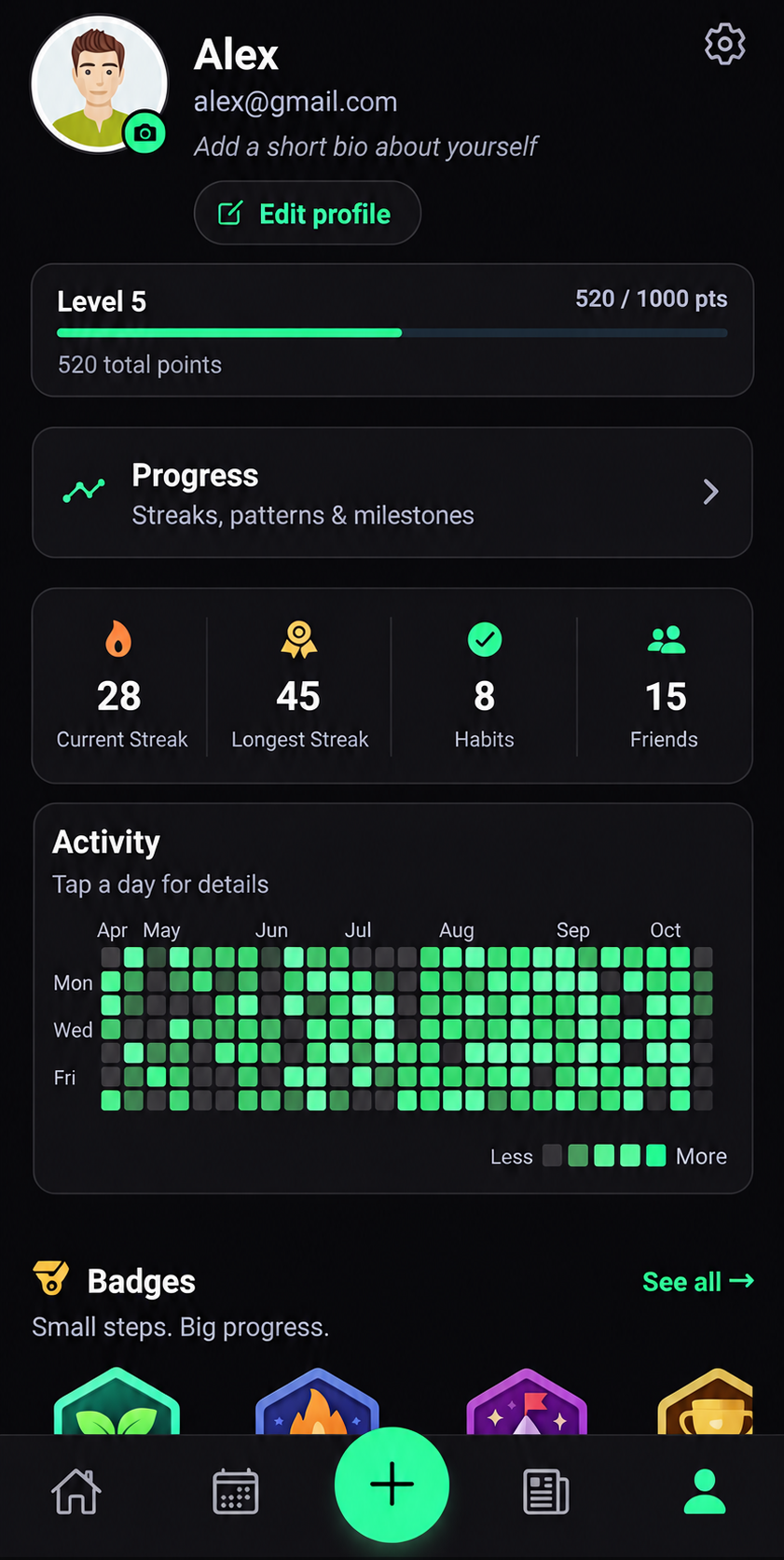 Profile with streaks, activity heatmap, and badges